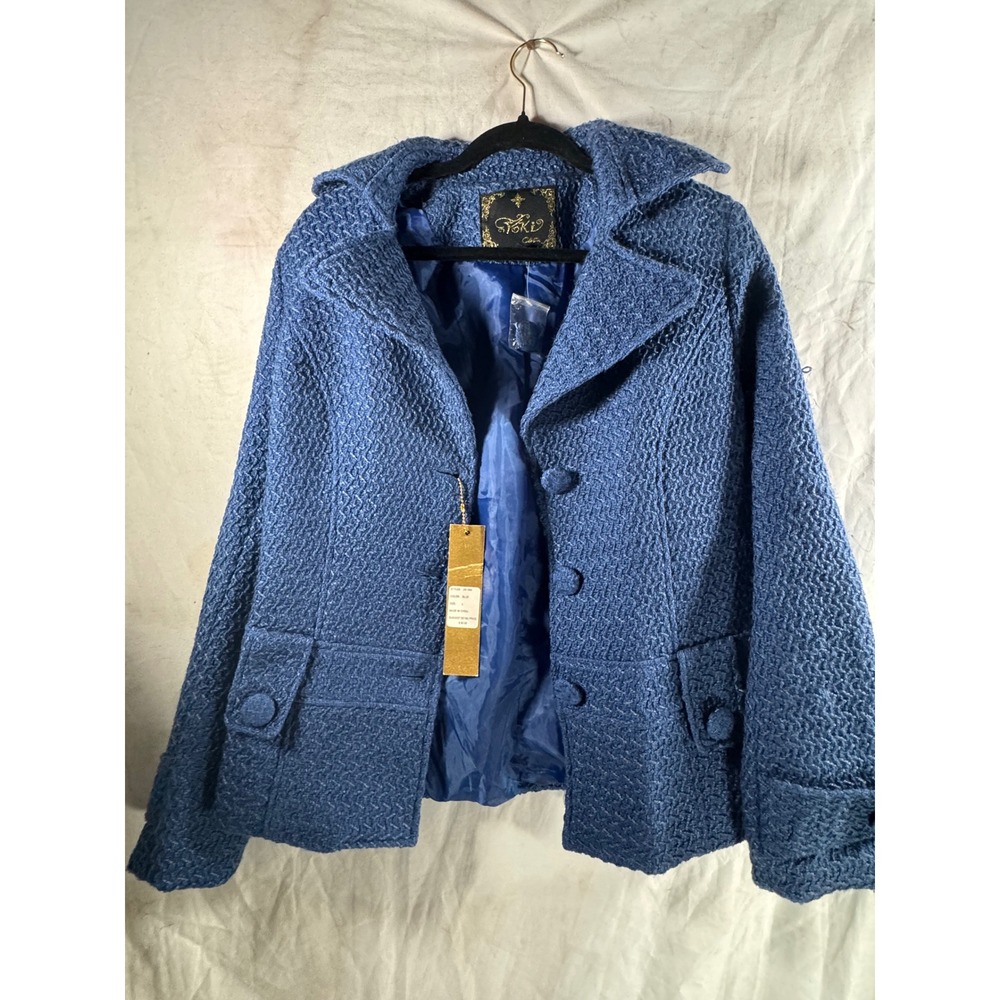 Yoki Collection Blue Textured Pea Coat Womens Large NWT Notched Lapel Jacket
